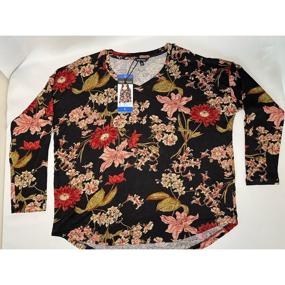 Well Worn Womens Soft V Neck Black Floral Long Sleeve Top Pullover Size Large